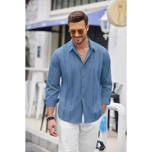 ❤️ Blue Cuban Shirt Casual Button Down Shirts Long Sleeve Beach Linen Shirts - Picture 3 of 5